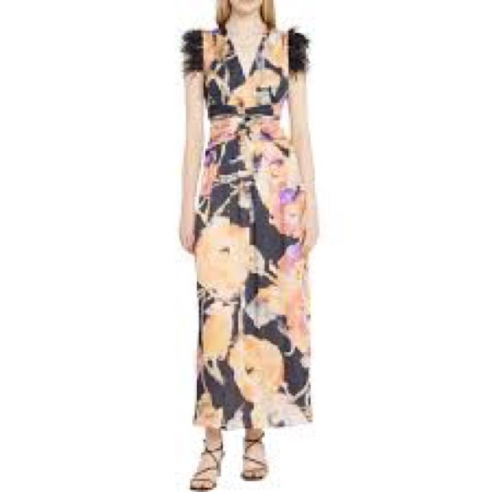Ranna Gill Anthropologie Watercolor Floral Feather Maxi Dress with Cut Outs